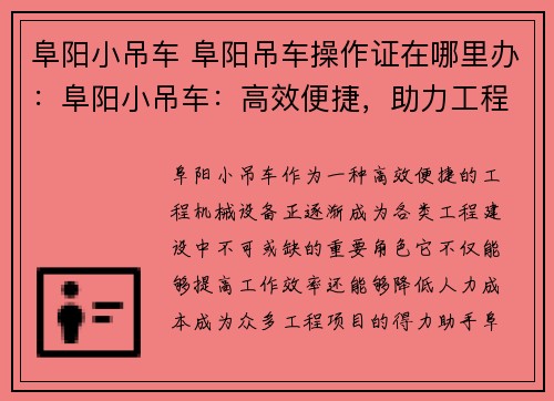 阜阳小吊车 阜阳吊车操作证在哪里办：阜阳小吊车：高效便捷，助力工程建设